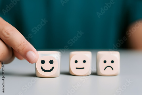 Hand Selecting Smiling Cube – Emotional Expression on Wooden Dice for Decision Making