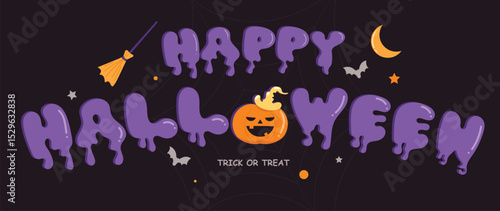 Happy halloween text design vector. Dark background with purple text, cobweb, broom, pumpkin, bat, moon. Halloween festival illustration for decoration, prints, banner, stickers. 