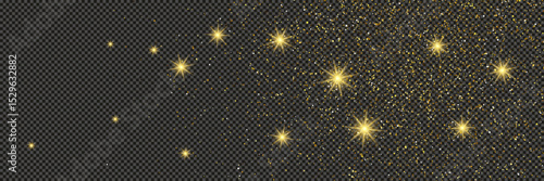 Gold glittering dust with stars on transparent backdrop