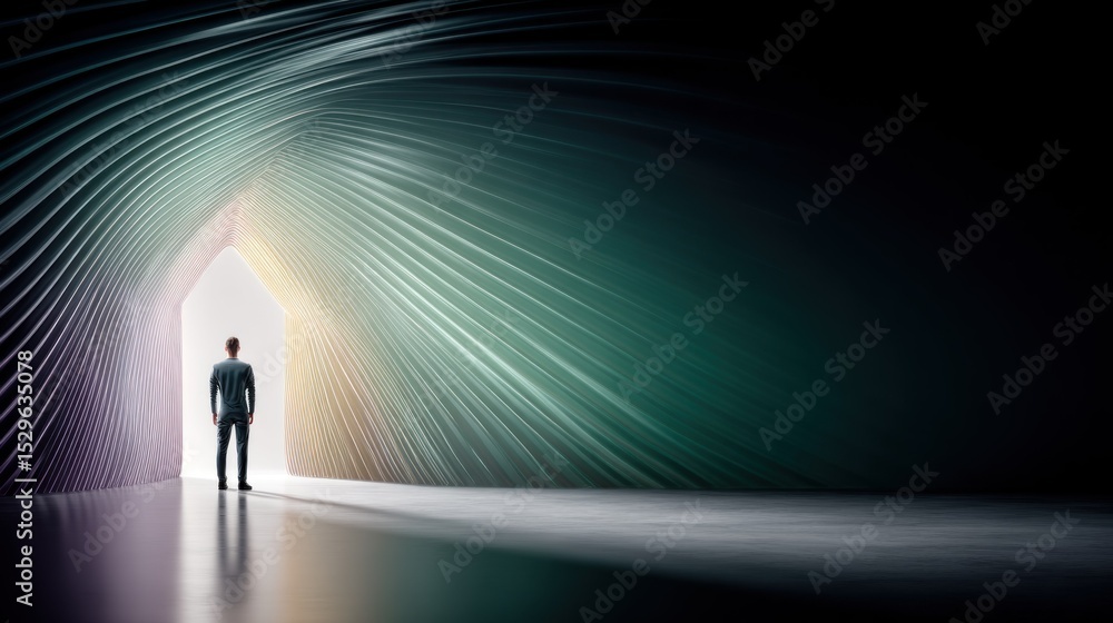 Obraz premium Businessman at the Entrance of a Luminous Abstract Tunnel
