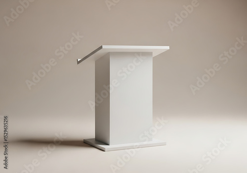 A clean, white podium stands on a neutral background, ideal for presentations, speeches, or announcements. Its simple design offers a professional and uncluttered aesthetic.