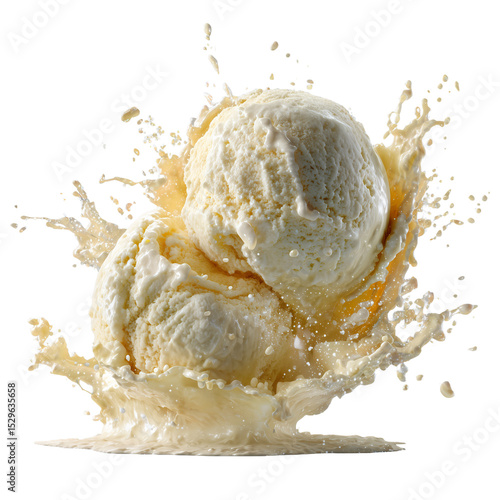 Two scoops of delicious vanilla ice cream splashing with a creamy, sweet substance. It's a refreshing and visually appealing treat. The creamy texture and enticing flavor evoke pure enjoyment isolated