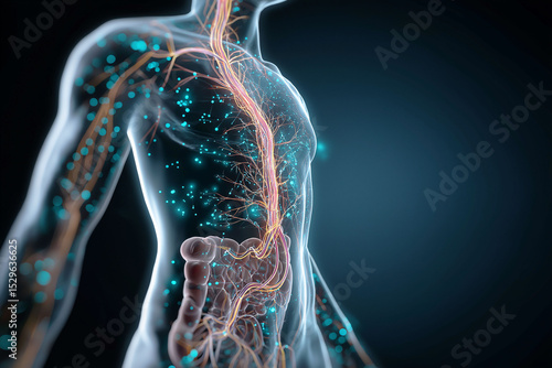 Gut brain axis. 3D render of human body highlighting the vagus nerve anatomy.
