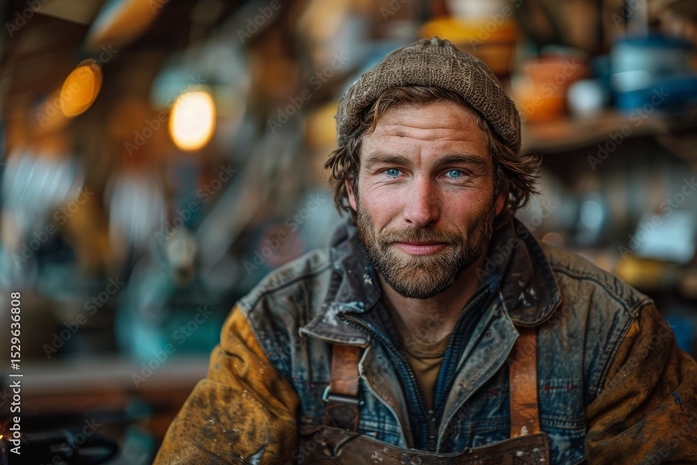 This image captures a rugged craftsman in a busy workshop, surrounded by tools and the essence of hard work, showcasing both skill and the beauty of craftsmanship. This image captures a rugged craftsman in a busy workshop, surrounded by tools and the essence of hard work, showcasing both skill and the beauty of craftsmanship.