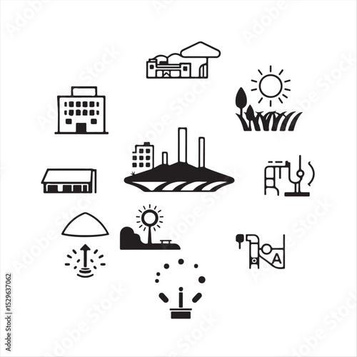 Classic black and white logo inspired icons depicting climate adaptation infrastructure and technology flood-resistant buildings, drought-resistant agriculture, heat-reflective surfaces, disaster