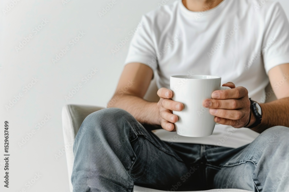 High Detail Image of a Man is Sitting in a Chair Holding a White Coffee Cup High Detail Image of a Man is Sitting in a Chair Holding a White Coffee Cup