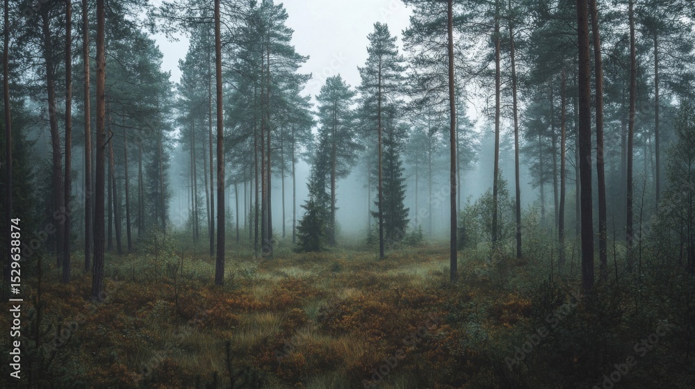 Obraz premium Misty Pine Forest Landscape with Soft Lighting