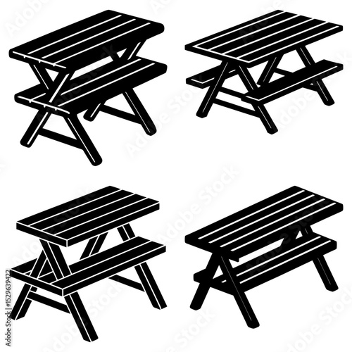 Illustration of four picnic tables with parallel plank tops and attached bench seats in black and white