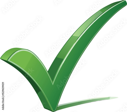 A vibrant green checkmark symbol, three-dimensional and glossy, signifying approval, completion, or correctness, set against a stark white backdrop.