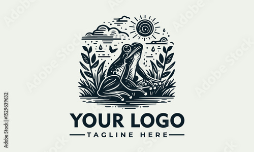 Stylized black and white illustration of a frog surrounded by foliage and water elements. Nature and wildlife concept