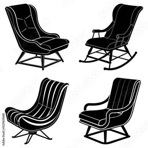 Four different chair designs including rocking chair and modern swivel chair illustrations in black and white