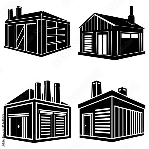 Four buildings in black and white with different architectural styles and chimney structures are shown here