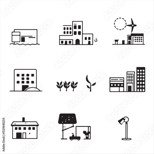 Design eight icons in a classic black and white palette using a modern flat design style.  The icons should depict climate adaptation infrastructure and technology such as flood-resistant buildings