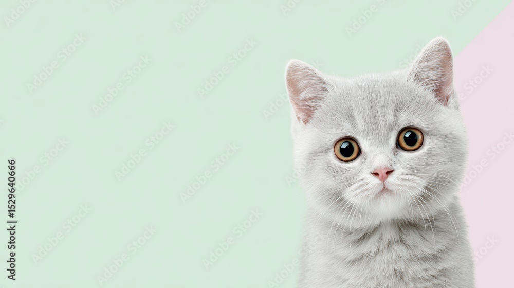 Fototapeta premium Cute gray cat with large eyes posing against a pastel background