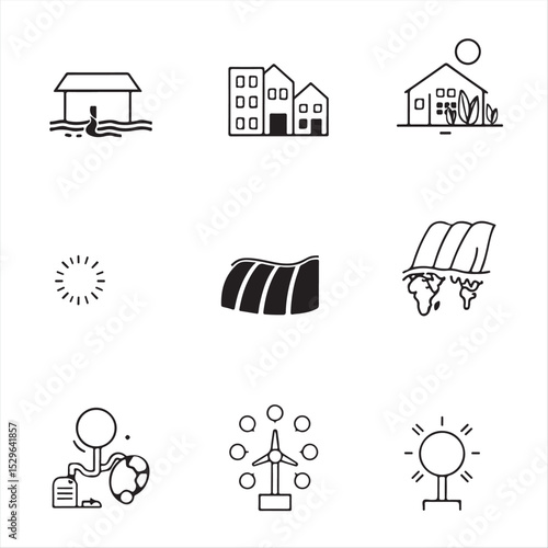 Generate a set of eight icons, black and white, in a modern flat design.  The icons should depict climate change adaptation including flood-resistant buildings, drought-resistant agriculture