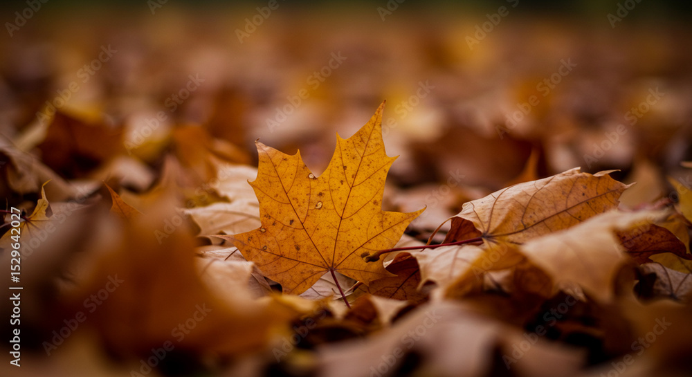 A single yellow maple leaf stands out amongst a pile of fallen brown leaves, showcasing autumn's arrival. A single yellow maple leaf stands out amongst a pile of fallen brown leaves, showcasing autumn's arrival.