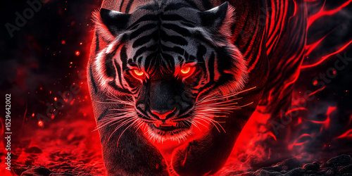 Wild tiger in blazing flames over black background