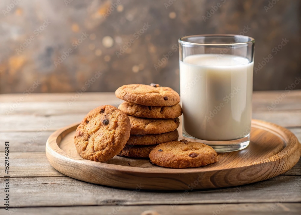 Freshly baked cookies arranged on a wooden plate with a small glass of cold milk placed beside them Freshly baked cookies arranged on a wooden plate with a small glass of cold milk placed beside them