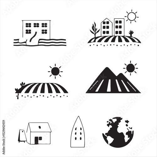 Produce eight icons in a classic black and white, modern flat design depicting climate adaptation technologies. These include flood-resistant buildings, drought-resistant agriculture, heat-reflective