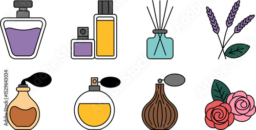 Perfume bottles collection fragrance aroma scent essence lavender roses diffuser vector illustration editable stock vector illustration