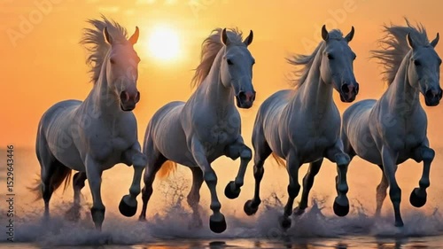 Four white horses running through shallow water at sunset