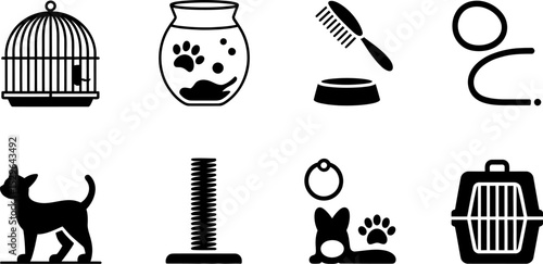Pet supplies accessories vector icons set cage fishbowl cat carrier collar leash food bowl brush post editable stock vector illustration