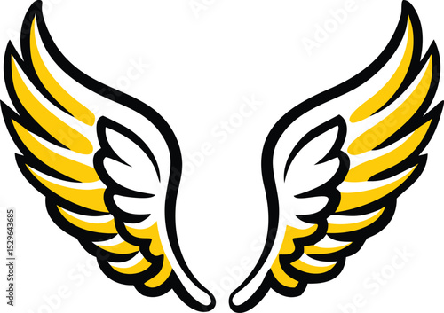 A pair of stylized wings, rendered in a bold graphic style, feature a vibrant yellow and black color scheme, suggesting speed, power, and freedom.