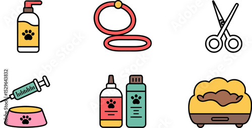 Pet care essentials vector illustration featuring grooming supplies and veterinary items for animals editable stock vector illustration