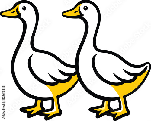 Two adorable cartoon geese standing side by side, showcasing their charming features and friendly demeanor.