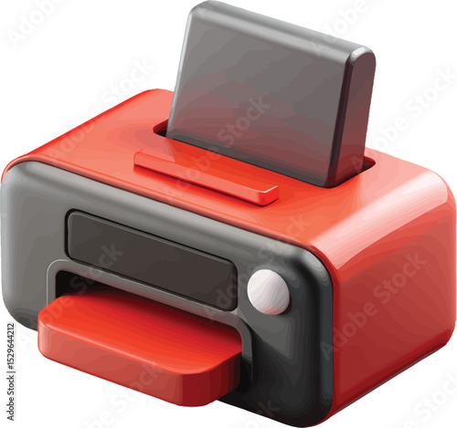 A red and black isometric illustration of a printer, showcasing a sleek and modern design with a paper tray and input slot.