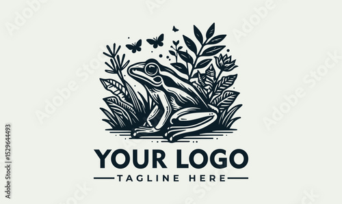 Stylized black and white illustration of a frog surrounded by foliage and water elements. Nature and wildlife concept
