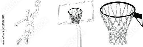 Basketball Player Dunking Ball Backboard Hoop Net Sketch