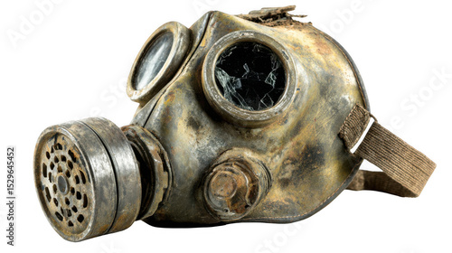 Close up of a vintage gas mask with a shattered front cover, showing signs of wear and tear, isolated on a transparent background, emphasizing its age and disrepair