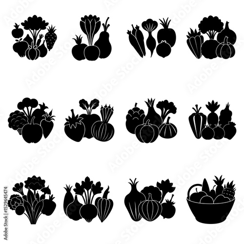 set of black and white vegetables silhouette
