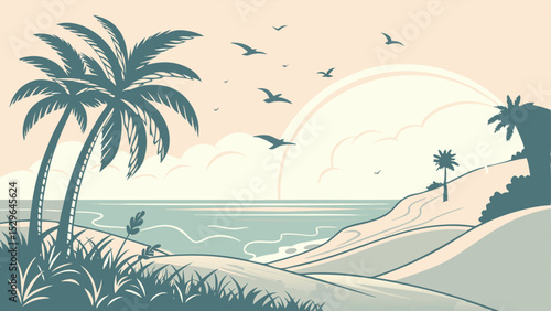 Serene Solstice Sunrise A Vector Illustration of a Tropical Ocean Beach Scene