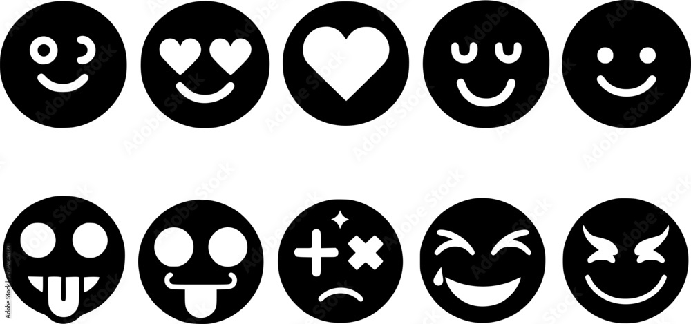 A set of diverse black and white emoji faces, showcasing various expressions. A set of diverse black and white emoji faces, showcasing various expressions.