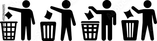 Simple black and white icons depicting people disposing of waste into bins.