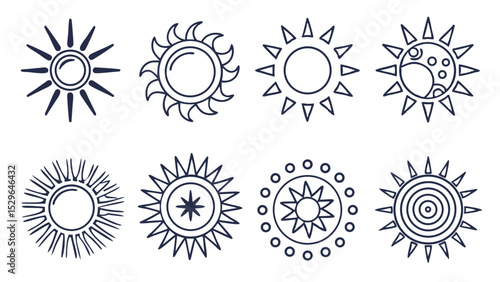 Minimalist Vector Pack of 9 Sun Icons Clean Line Art for Design Projects