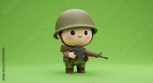 Cute cartoon soldier in helmet with rifle on green background