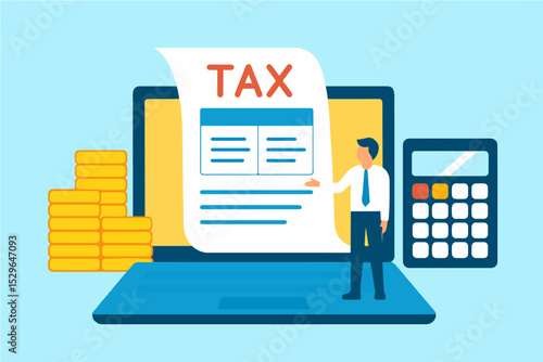 Flat design illustration depicting online tax preparation a businessman reviewing tax document on laptop with calculator and money stacks ideal for financial websites and blogs.