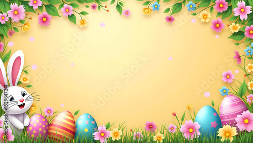 Easter bunny with colorful eggs and spring flowers on pastel yellow background creating joyful festive frame