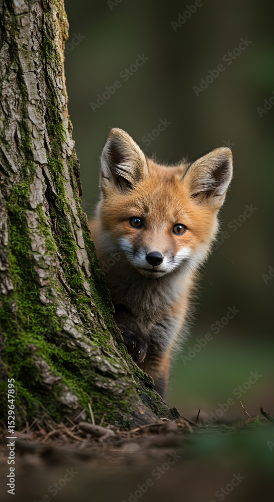 Naklejka premium Curious Fox Kit Peeking from Tree Trunk