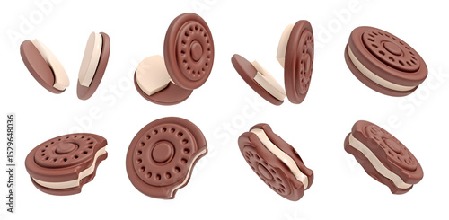 Chocolate Sandwich Cookie with a creamy filling 3d icon set include cookie bitten off and split in half