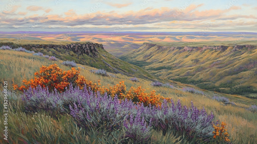 Fototapeta premium Sunset Canyon Wildflowers, Plateau Vista, Scenic Landscape