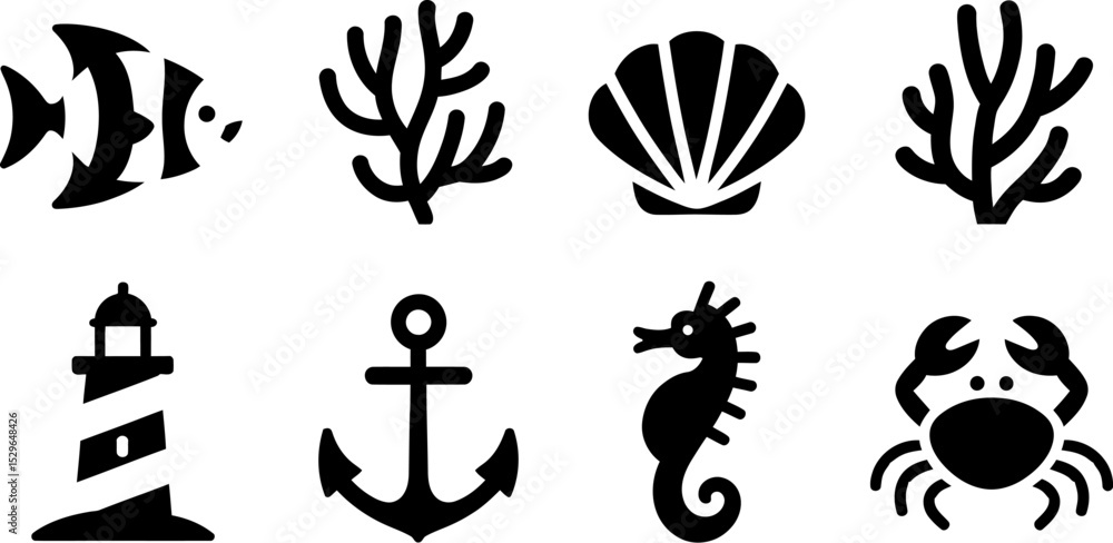 Fototapeta premium Vector icons of sea animals fish seahorse crab seashell coral anchor and lighthouse illustration art editable stock vector illustration