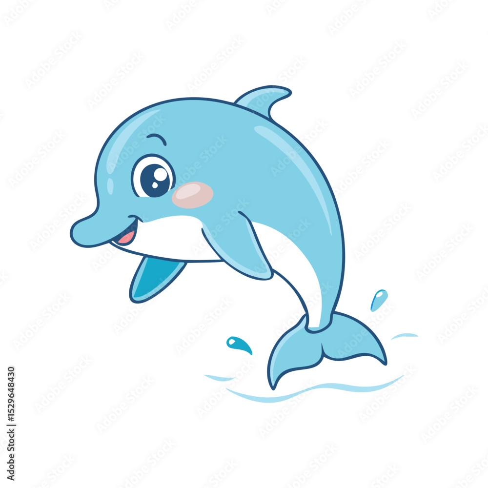 Fototapeta premium Cute cartoon dolphin character jumping out of water with a smiling face