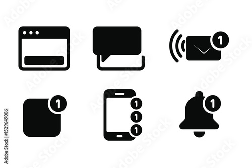 Real-time Notification Icons. Solid style icons of real-time notification systems: toast message, banner alert, ping indicator,