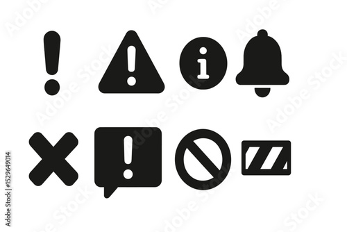 Solid Alert Icons. Solid style icons of alerts and warnings: exclamation mark, warning triangle, info circle, alert bell, critical
