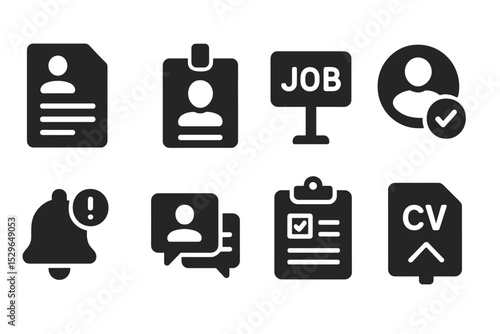 Job Search Icons. Solid style icons of job search and recruitment: resume file, interview badge, job post, candidate match, job