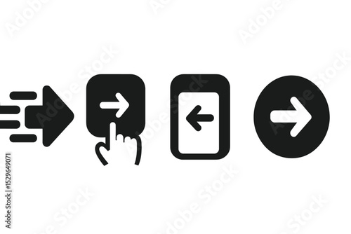 Dynamic Motion Icons. Solid style icons of animation and transitions: arrow with motion blur, swipe back animation, slide back UI,